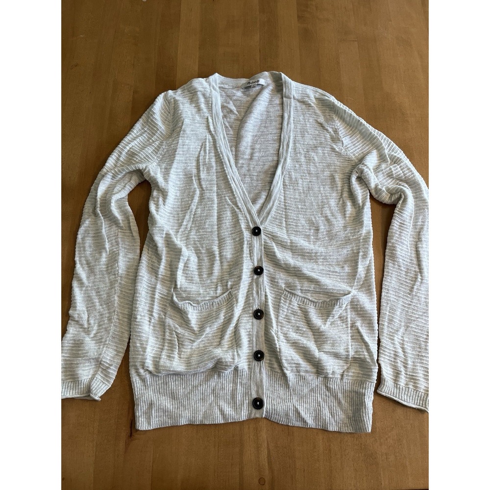 Madewell Stripe Cardigan Sweater Beige Size S V-Neck Long Sleeve Button‎ Pocket